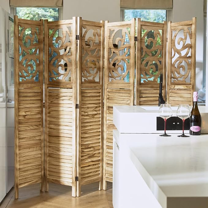 Svimi Folding Room Divider, 5.6Ft 6 Panels Wood Carved Privacy Screens - Image 6