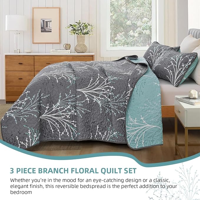 DJY Full Size Quilt Set Grey Blue Reversible Bedspread Bedding Set | 3 Piece - Image 3