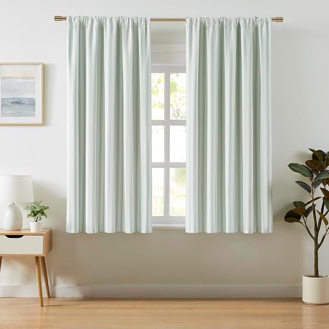 ZJDECOR 72 Inch Green White Striped Full Blackout Curtain Panels | Stripe on - Image 2