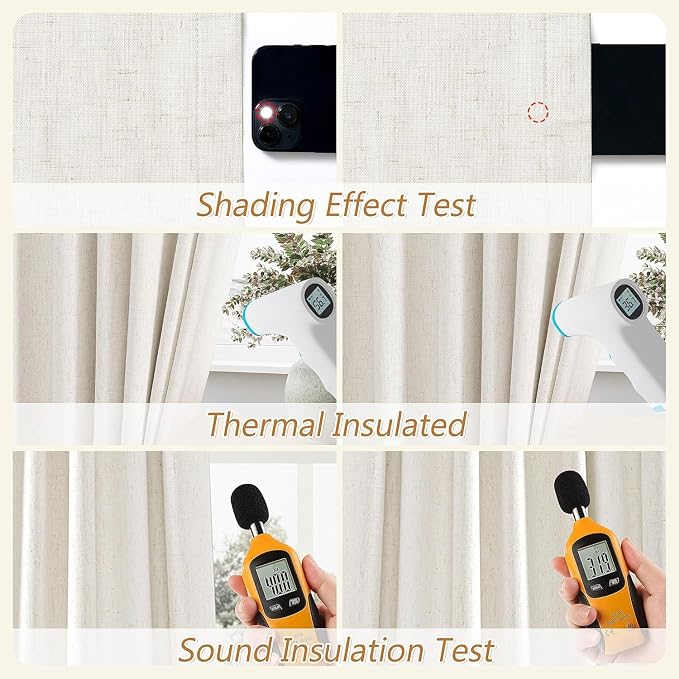 100% Blackout Linen Curtains for Bedroom 98 Inches Long Natural Cream Black Out - Image 5