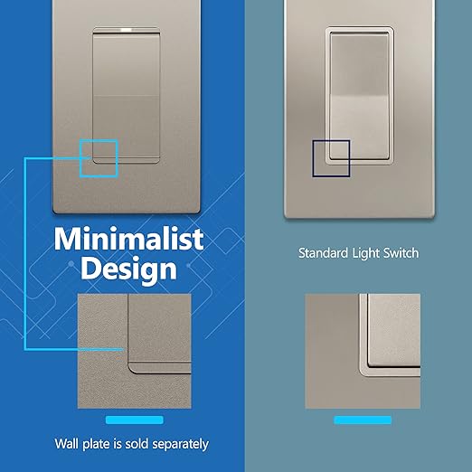 LIDER Minimalist Design Matte Finish Lighted Decorator Switch, Frameless Paddle Light Switch with Locator Light, Grounding Screw, 3-Way or Single Pole, 15A 120V, UL listed, LS15-3W-NK5P, Nickel 5 Pack