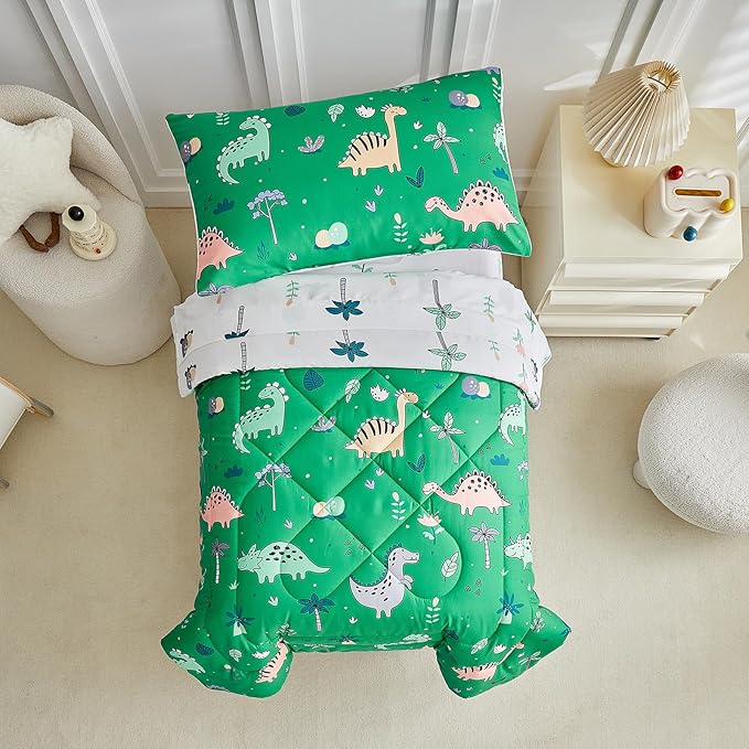 DuShow Dinosaur Toddler Bedding Set for Boys, 4 Pieces Soft Crib Bed Set Including Comforter, Fitted Sheet, Flat Top Sheet and Pillowcase-Green