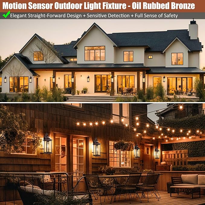 Roravilila 1-Pack 18 Inch Oil Rubbed Bronze Motion Sensor Outdoor Wall Lantern IP65 Waterproof, Large Brown Dusk to Dawn Outdoor Light for House Clear Glass Outside Wall Mounted Lamps Front Door