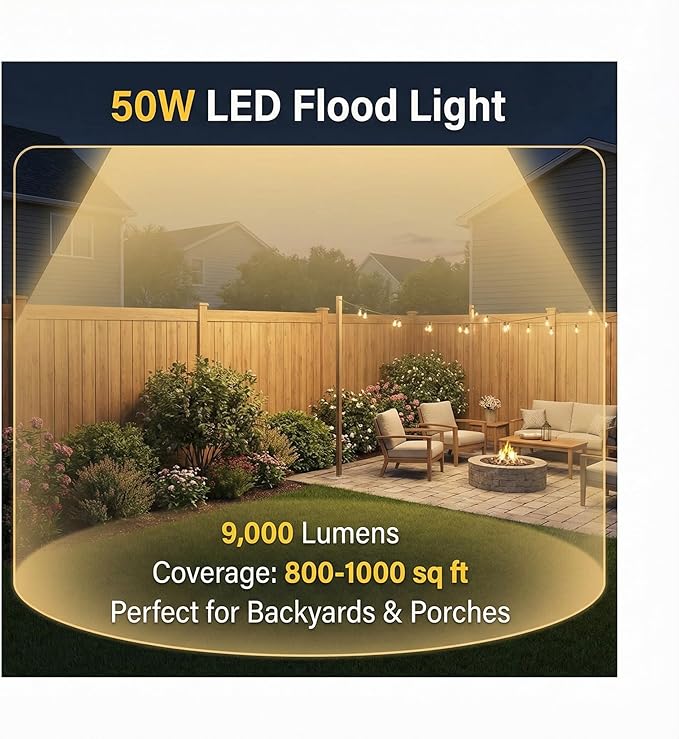 XXBSAZ 50W LED Flood Lights Outdoor, Plug-in & Hardwired Security Lights, IP66 Waterproof 6500K Daylight for Porch, Shed & Small Outdoor Areas (2 Pack)
