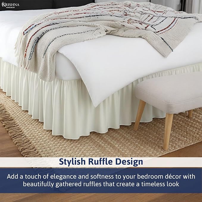 KRISHNA Ruffled Bed Skirt with Split Corners Full, 100% Microfiber Hotel Quality, 21 Inch Drop Dust Ruffle Gathered Bedskirt with Platform, 54" x 75", Ivory