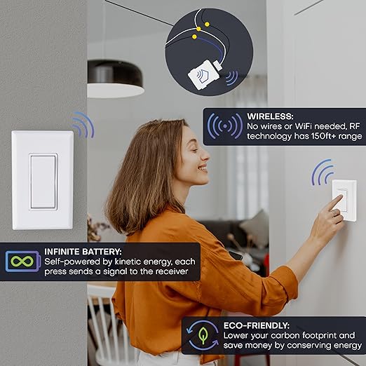 RunLessWire 3-Way Battery-Free DIY Wireless Light Switch Kit 150ft RF Range Self-Powered by Kinetic Energy for Hallways & Stairways: 2 Remote Switches Control 1 5A On/Off Receiver – Black