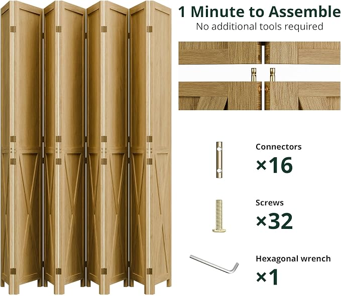 8 Panel Folding Room Divider, Solid Wood Privacy Screen, Freestanding Partition - Image 3