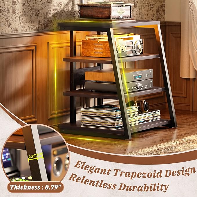 Armocity 4-Tier AV Media Stand with Power Strips, Stereo Stand with LED Lights, Rack Audio Tower with Adjustable Shelves, Small Entertainment Center, 30'', Black Ebony