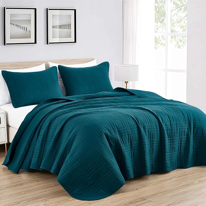 Chezmoi Collection Kingston Queen Size Bedspread Set, 3-Piece Teal Oversized by ChezmoiCollection