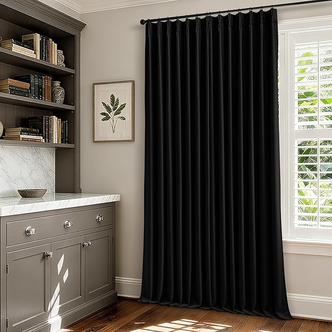 Black Linen Blackout Pleated Curtains 90 Inches Long for Living Room Darkening Pinch Pleat 100% Black Out Drapes Thermal Insulated Soundproof Midnight Black 90 Inch Curtain Panel for Dining Bedroom