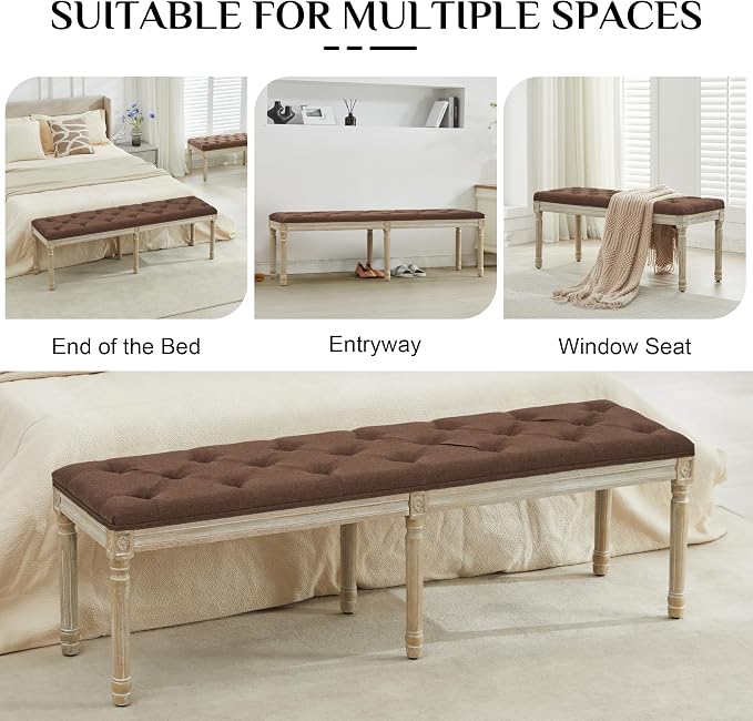 LOULENS 57.7" Linen End of Bed Bench King Size, Upholstered Bench, Upholstered - Image 6