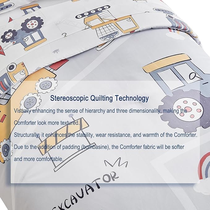 JHXHMX 4 Pieces Toddler Bedding Set for Boys,Excavator Cars Truck Pattern Toddler Comforter Set,Soft Crib Bed Set Including Comforter,Sheets and Pillowcase-Gray