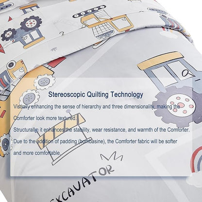 JHXHMX 4 Pieces Toddler Bedding Set for Boys,Excavator Cars Truck Pattern Toddler Comforter Set,Soft Crib Bed Set Including Comforter,Sheets and Pillowcase-Gray