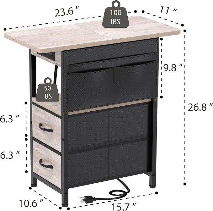 Yenlure Small Side Table with Charging Station, Narrow Nightstand Bedside - Image 3