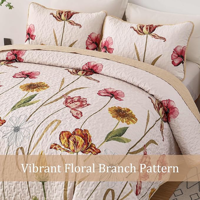 WONGS BEDDING Floral Quilt Set King Size, 3 Pieces Beige Bedspread | Chic - Image 8
