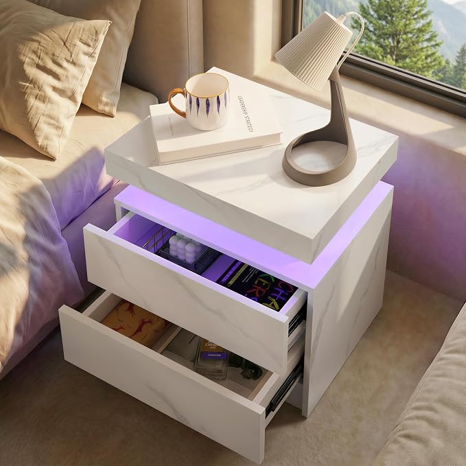 LED Nightstand with Wood 2 Drawers Modern Bedside Table - Image 4