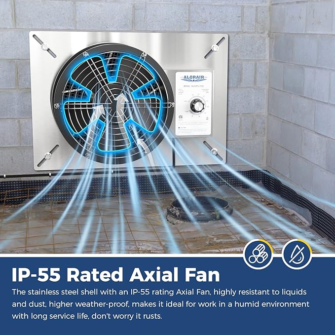 ALORAIR 540 CFM Stainless Steel Crawl Space Vent Fan - Air Out Ventilation Fan with Humidistat Dehumidistat, IP55 Rated Exhaust Fan with Isolation Mesh for Crawlspace Foundation Basements Garage Attic