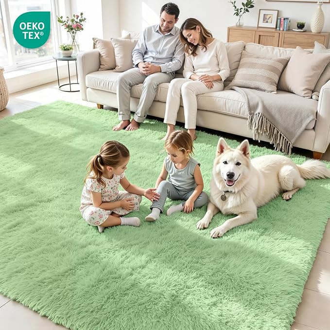 8x10 Fluffy Area Rug for Living Room: Non-Slip Light Green Bedroom Carpet | - Image 4