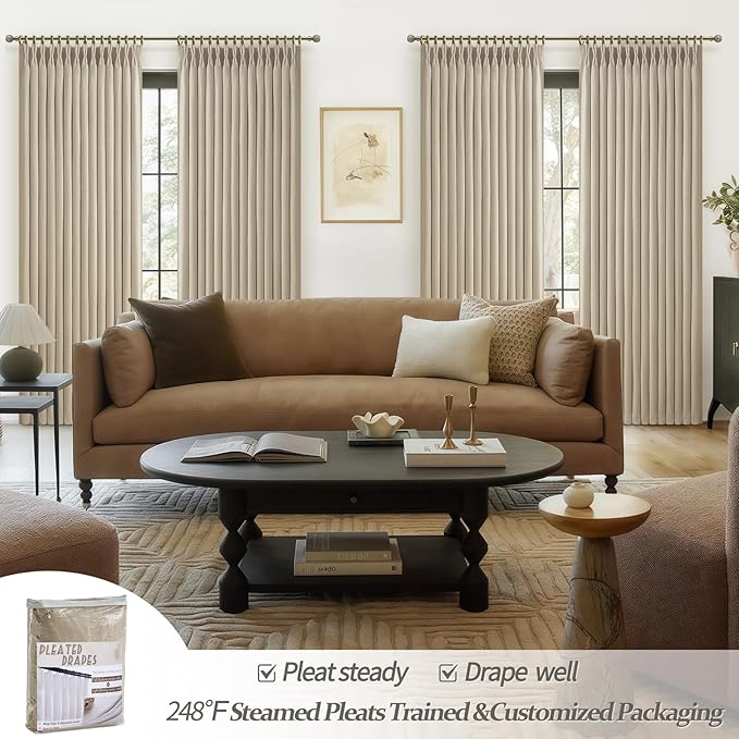 Extra Wide 70 Inch Taupe Pinch Pleat Blackout Curtains 92 Inches Long 2 Panels - Image 6