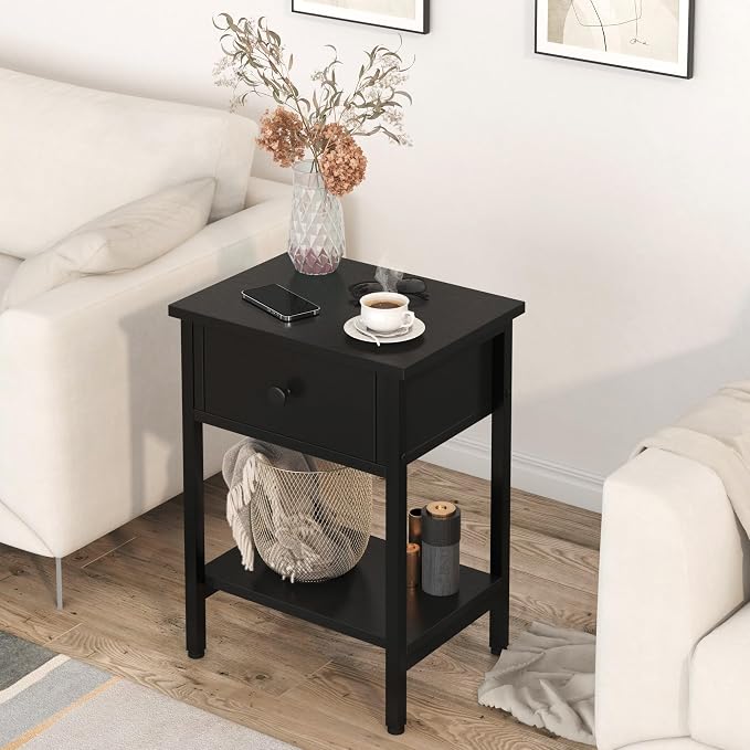 Nightstands Set of 2 with Drawers, Bedside Table Set of 2 with Storage Shelf - Image 2