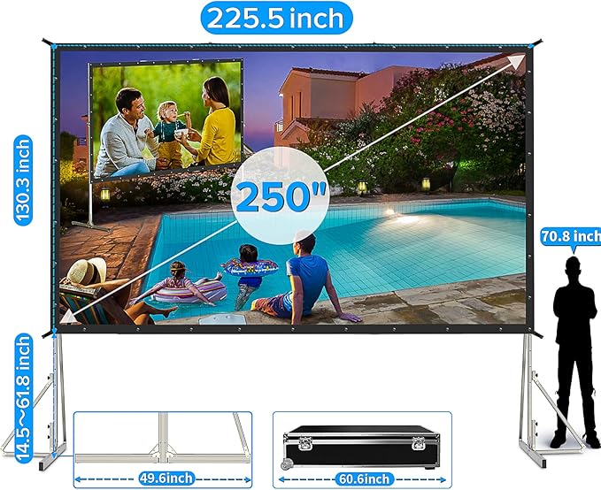 JWSIT 250 inch Projector Screen with Stand, Upgraded 3 Layers PVC 16:9 Large Outdoor Projector Screen, Portable Outdoor Movie Screen with Carrying Bag for Large Commercial Performance