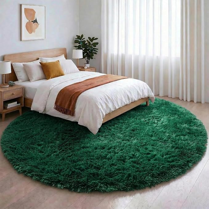 Amdrebio Dark Green Furry Round Circle Area Rug 5Ft - Image 9