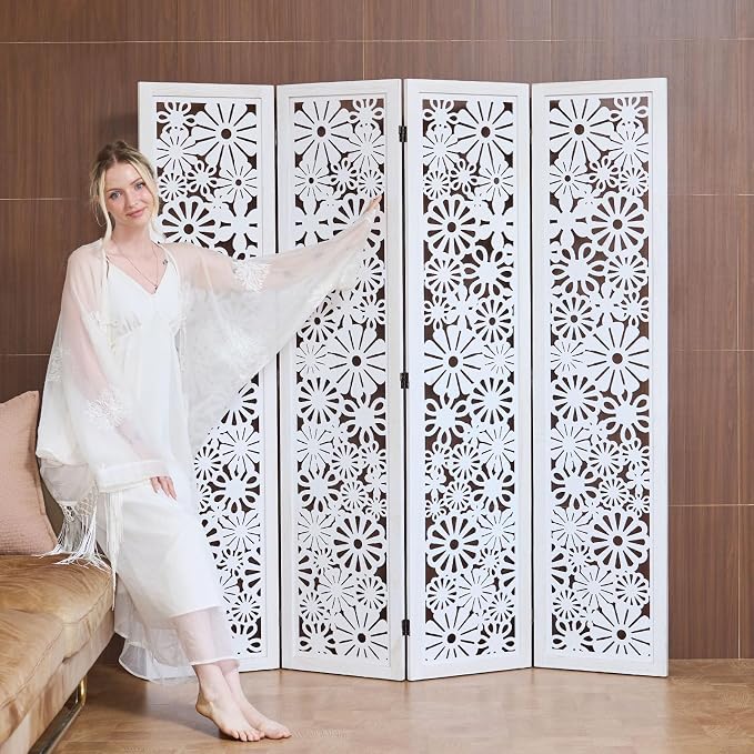 Folding Wood Room Divider Panel, 67 Inch Tall Daisy-Carved Privacy Screen - Image 6
