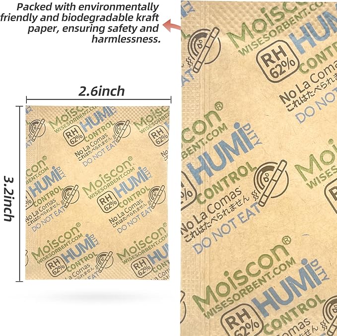 Wisesorb 60 Pack 62% RH 8 Gram Two-Way Humidity Control Packs for Storing 1 oz Herb, Size 8 Moisture Control Packets Individually Wrapped