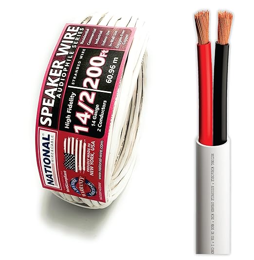 NATIONAL Wire&Cable - 14/2 Audiophile Speaker Wire (200 Feet) 14AWG Gauge - Made in USA - in Wall Audio Speaker Wire Cable/CL Rated/ETL Listed / 2 Conductors - OFC Oxygen-Free Copper, White 200ft