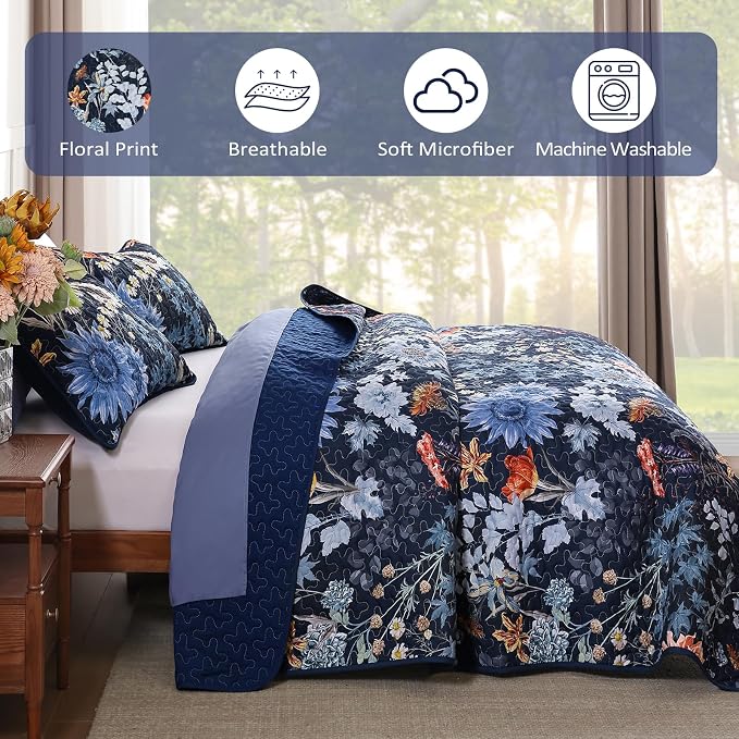 Yiran Navy Blue Sunflower Floral Quilt Set King Size | Botanical Bedspread - Image 6
