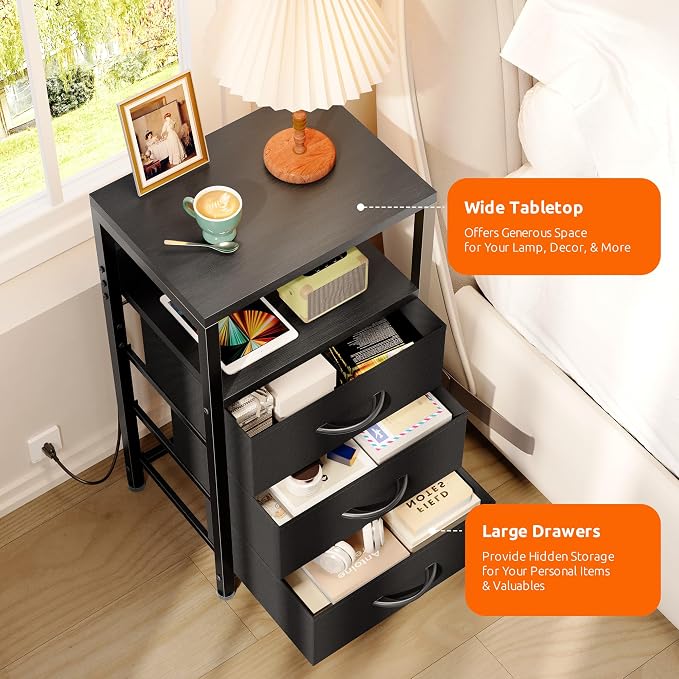 Lazzanto Night Stand with Charger Station, 3 Fabric Drawers, Bedside Table - Image 5