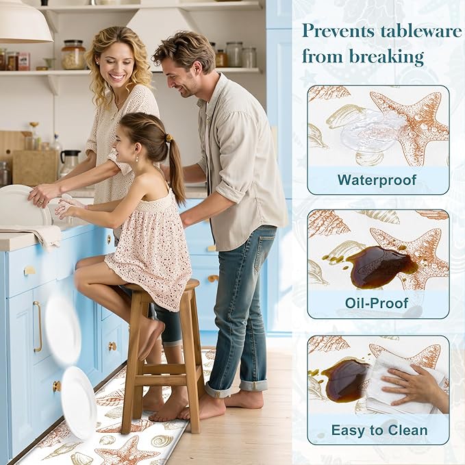 Kitchen Mats for Floor Cushioned Anti Fatigue Sets of 2 Beach Theme Kitchen Rugs Non Slip Waterproof Coastal Foam Kitchen Floor Rug Nautical Seashell Comfort Standing Mat For Sink Laundry, Coral