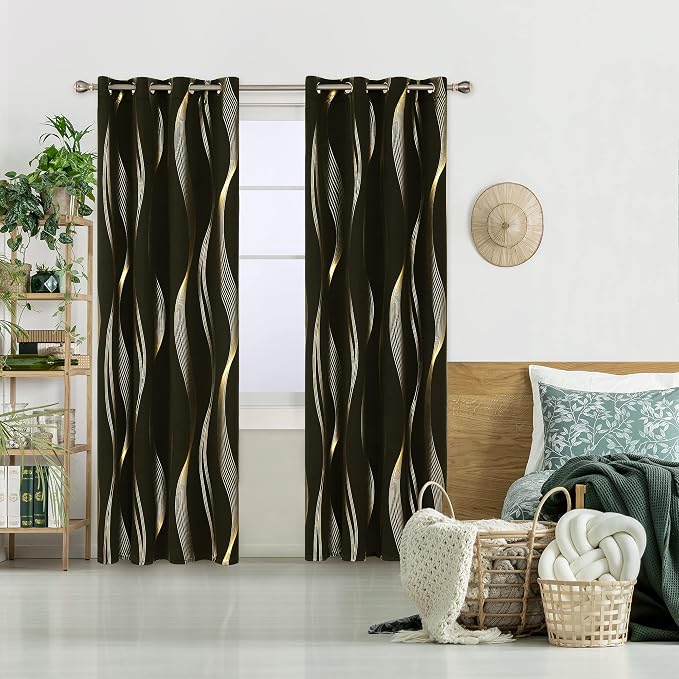 Deconovo Blackout Grommet Gold Pattern Printed Curtains, 52W x 84L | Room - Image 2