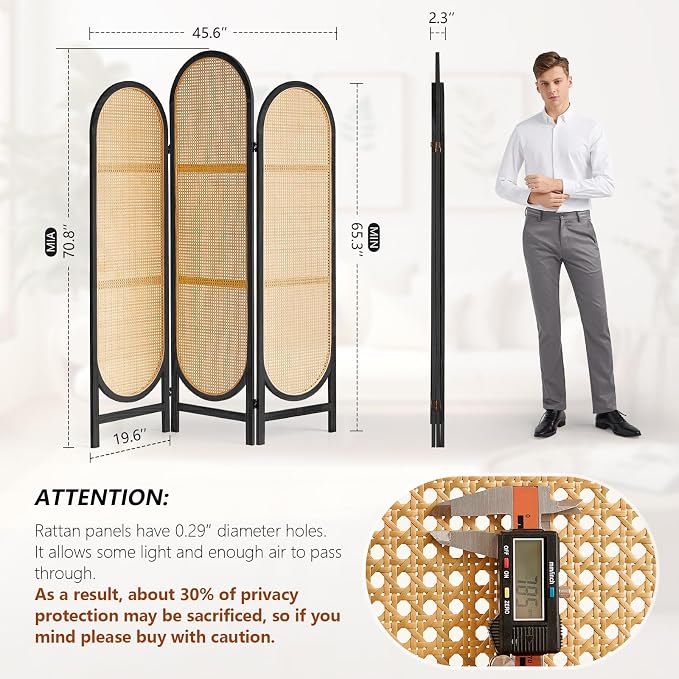 3 Panel Rattan Room Divider Screen, Boho Folding Privacy Screen | Decorative - Image 3