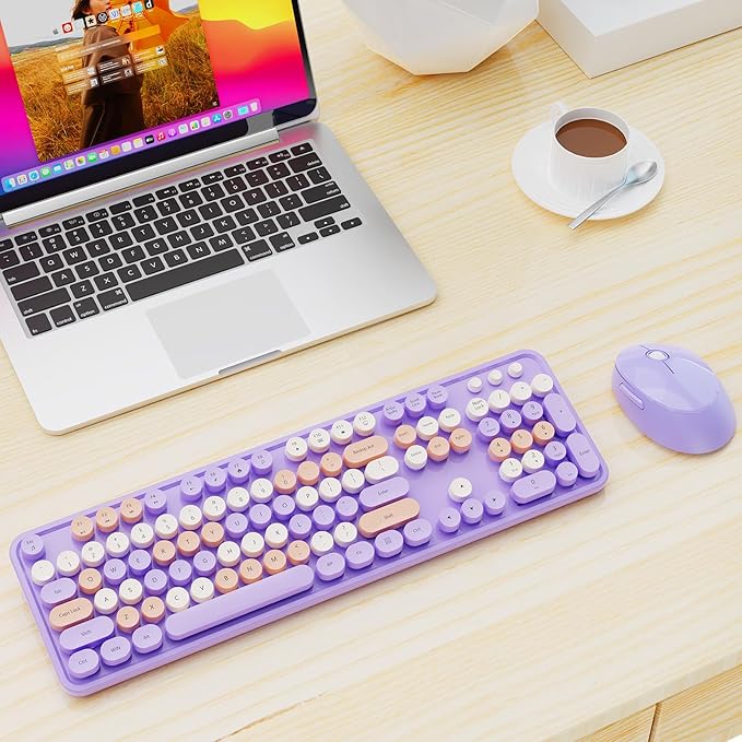 Nowlike Wireless Keyboard and Mouse Combo, Retro Typewriter Keyboard with Round Keycaps, Full-Size Ergonomic, Purple, Ideal for Windows PC, Home, Office, and College