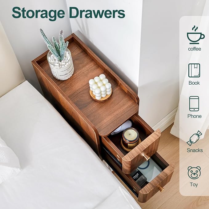 Narrow Nightstand Set of 2, Wooden Small 2 Drawer Nightstand, Slim Side End - Image 6