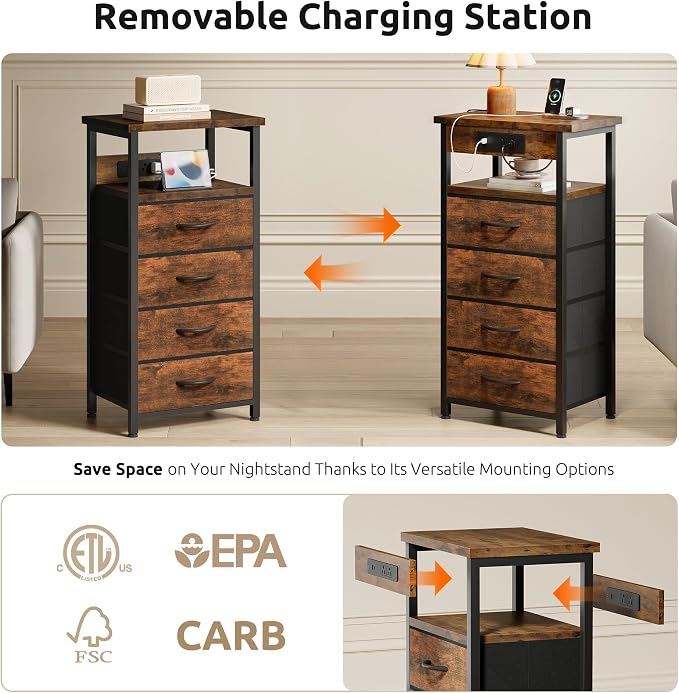Lazzanto Night Stand with Charger Station, 4 Fabric Drawers, Bedside Table - Image 4