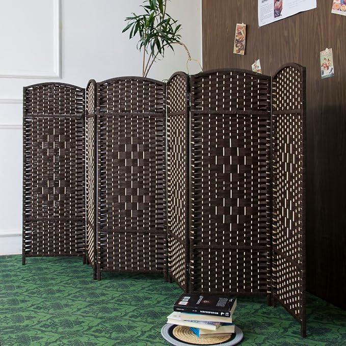 6 Panel Dark Brown Rattan Room Divider, 47.2" Low Height Double-Sided Folding by Furnnylane