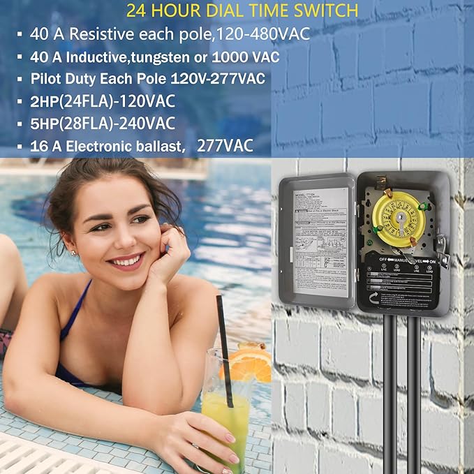 T104 Mechanical Timer Switch, 208–277 VAC 40 Amp,Pool Pump Switch, 24 Hour 12 ON/Off for Pump, Heavy Duty Pool Timers Outdoor, Timer for Lights HVAC Systems, 5 Years Warranty