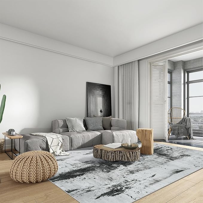 4x6 Area Rugs for Living Room: Washable Abstract Black White Grey Carpet | - Image 3