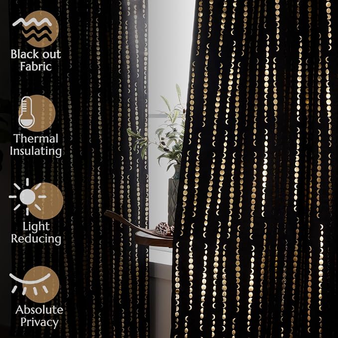 jinchan Boho Blackout Curtains 63 Inch Length Moon Phase Printed Drapes | Gold - Image 3