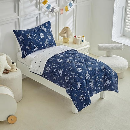 DuShow Navy Blue Toddler Bedding Set for Boys,4 Pieces Space Crib Bed Sheets Set,Soft Toddler Comforter Set in a Bag, Includes Quilted Comforter, Flat Top Sheet, Fitted Sheet, Envelope Pillow Case