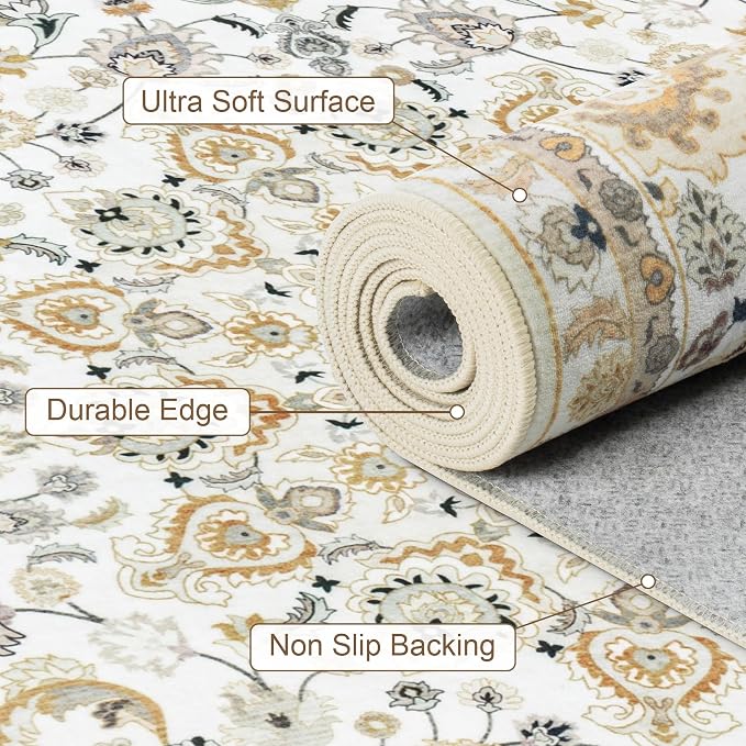 Round Area Rug for Living Room: 4ft Washable Rug for Bedroom Beige | Vintage - Image 6