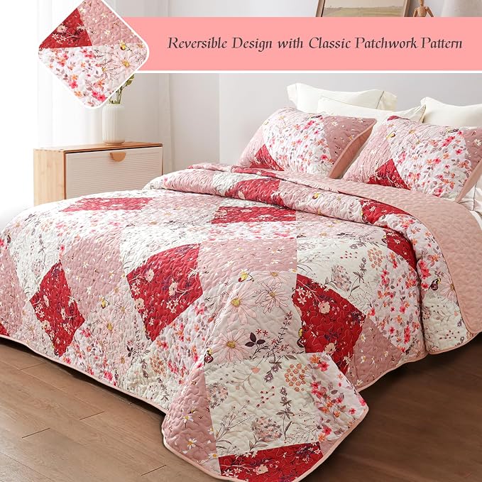Whale Flotilla Patchwork Quilts Queen Size, Extra Soft Floral Bedspreads | Red - Image 2