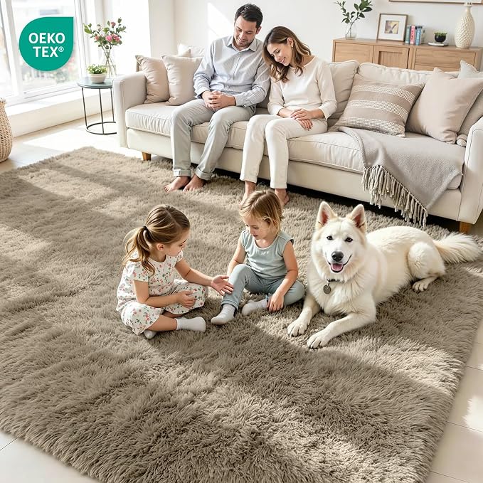 9x12 Fluffy Area Rug for Living Room: Non-Slip Grey Camel Bedroom Carpet | - Image 4