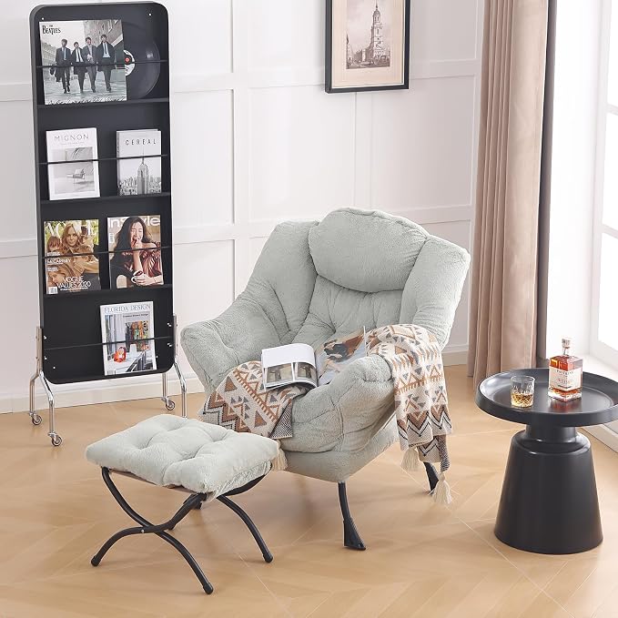 Lazy Chair with Ottoman, Comfy Accent Reading Chair, Plush Green | Foldable - Image 2