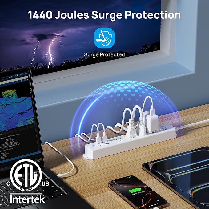 TROND Surge Protector Power Strip with USB, Ultra Thin Flat Plug 3ft Extension Cord 1625W, 3 USB A & 1 USB C, 4 AC Outlets 1440J Surge Protection, ETL Listed, Wall Mount for Home Office Dorm, Black