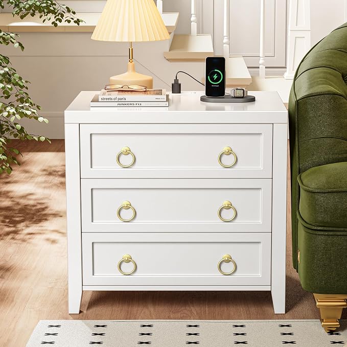 Huuger Night Stand with Charger Station and USB-C Port, 3 Drawer Nightstand | - Image 5