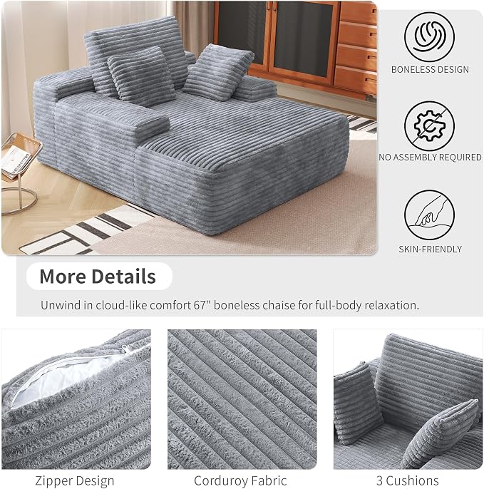 Oversized Chaise Lounge Chair Indoor, Plush Corduroy Boneless Sofa Bed - Image 3