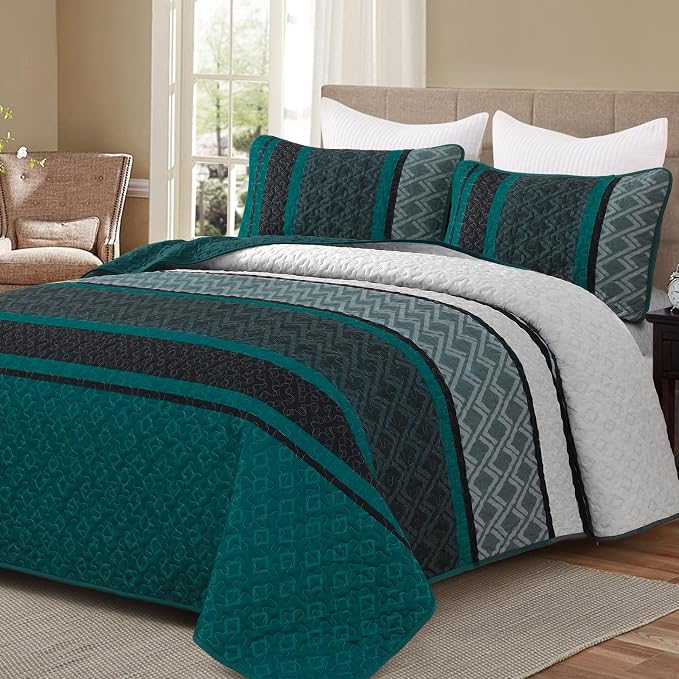 Dinjoy Boho Striped Quilts, Bedspread Queen Size Bedding Sets, Dark Green | 3 by DINJOY